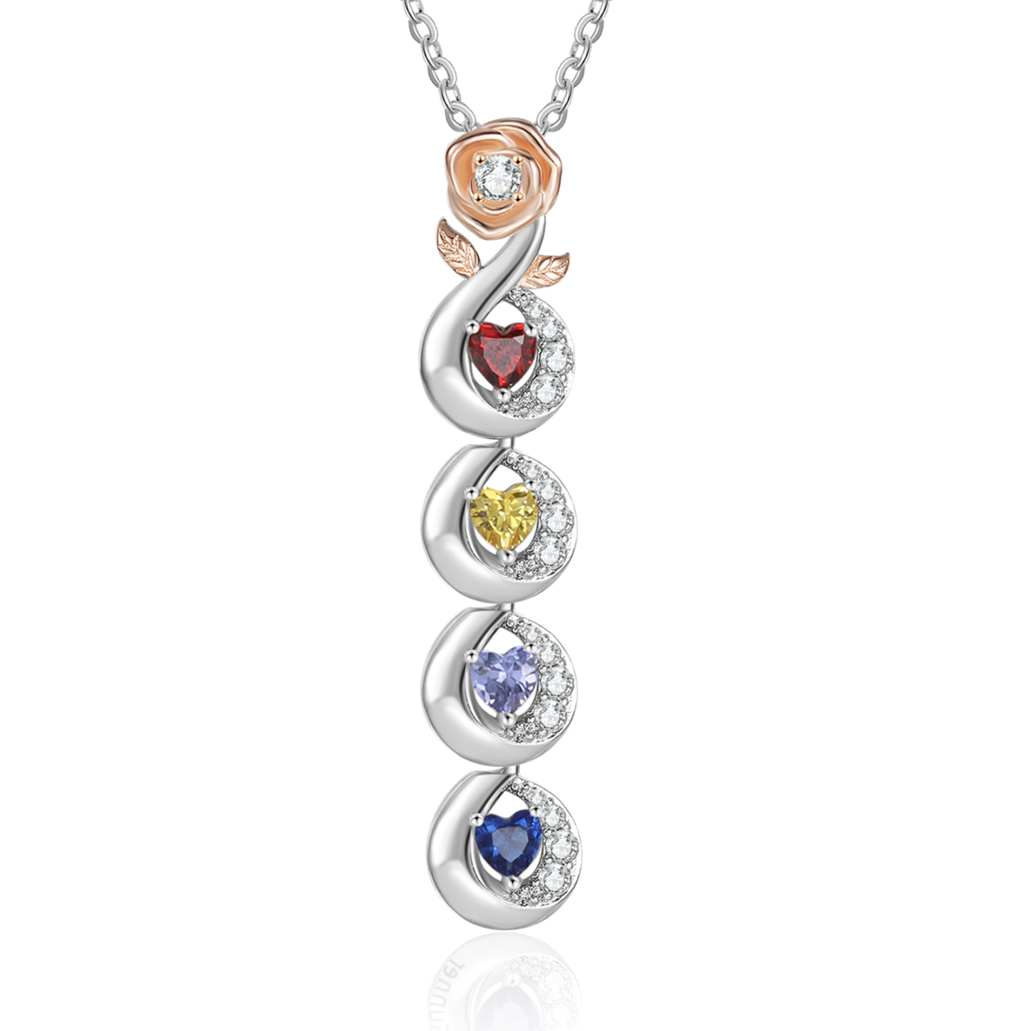 Custom Family Necklace Rose Pendant with 4 Birthstones Engraving 4 Names Gifts for Her-Jessemade AU