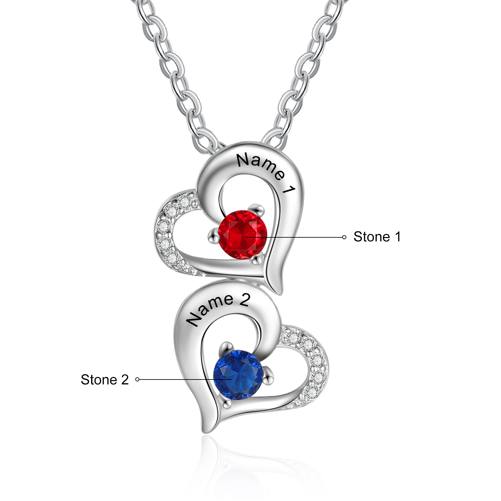 Personalised Heart Necklace With 2 Birthstones Engraved Names Gift For Her-Jessemade AU