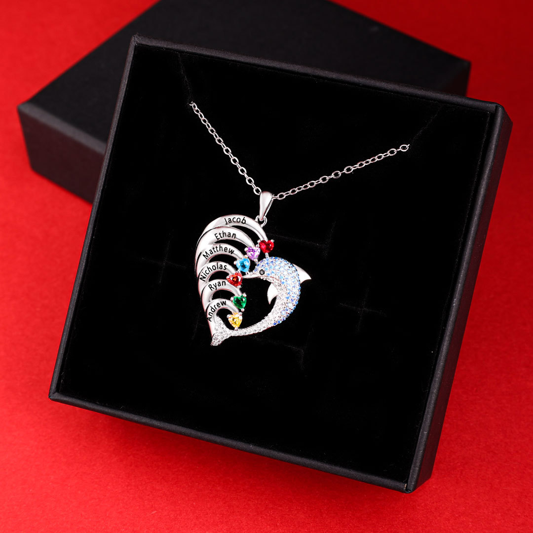 Personalised Heart Dolphin Necklace With 6 Birthstones Engraved Names Gift For Her-Jessemade AU