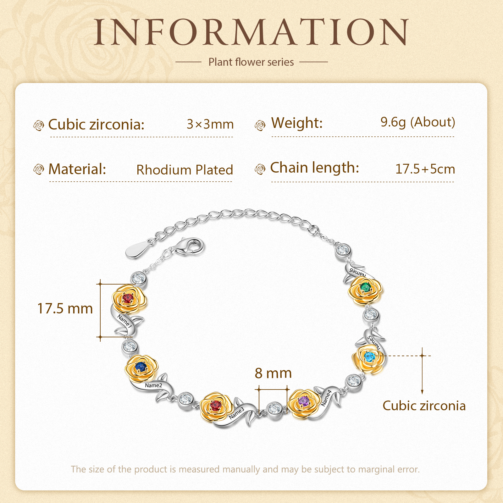 Flowers Bracelet Personalised 6 Birthstones Bracelet Engraved Names Flowers Charm Gifts For Her-Jessemade AU