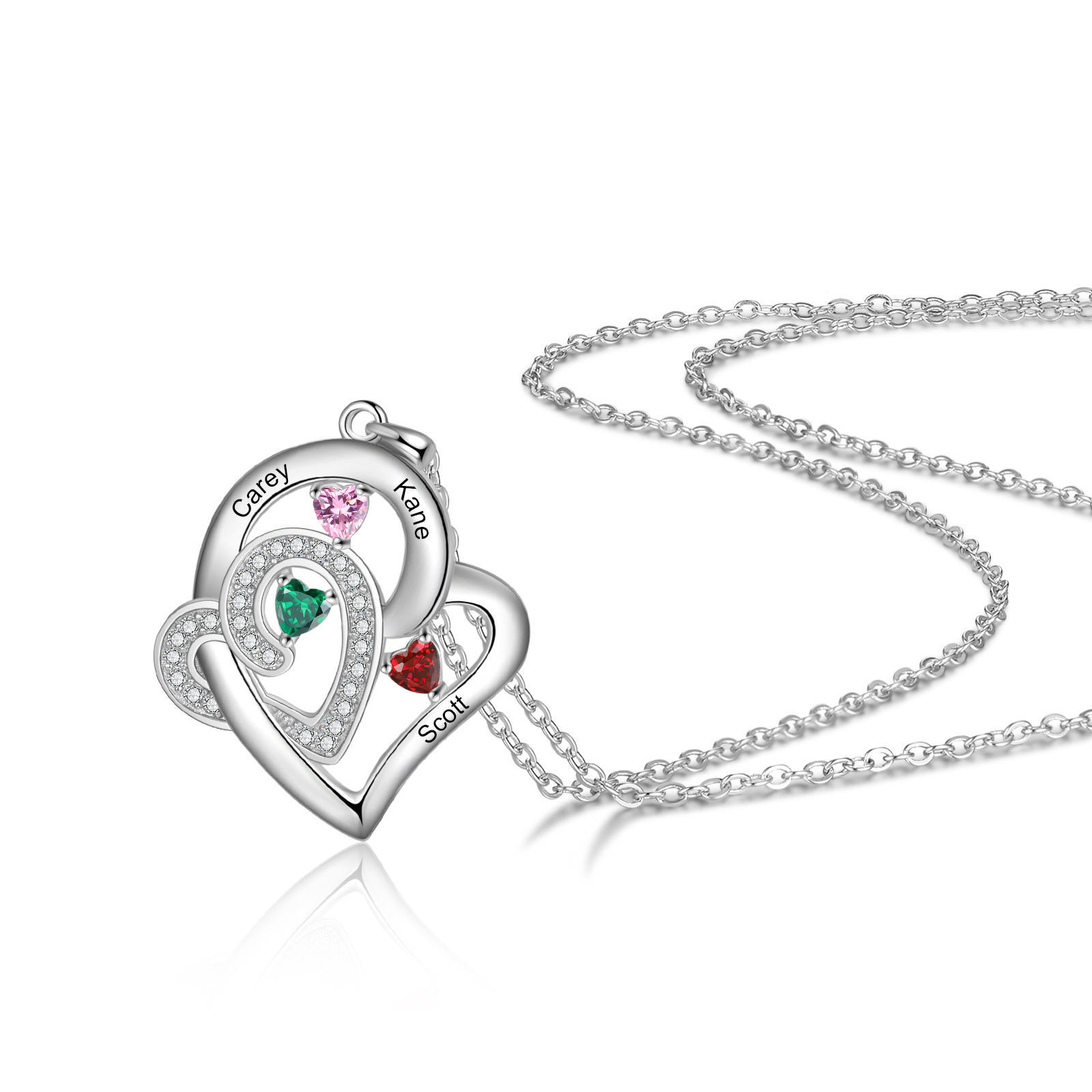 Personalised Double Heart Necklace With 3 Birthstones Custom Names Necklace Gift For Her-Jessemade AU