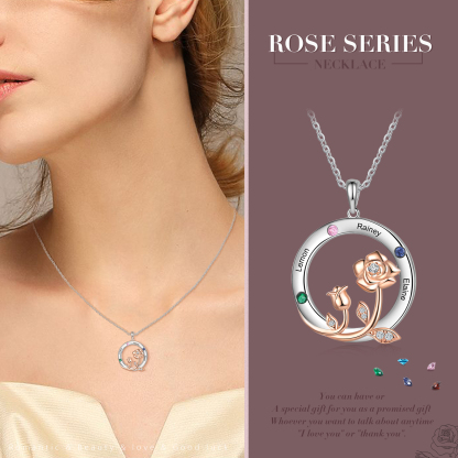 Personalised Rose Flowers Necklace With 3 Birthstones Engraved Names Necklace Gift For Women-Jessemade AU