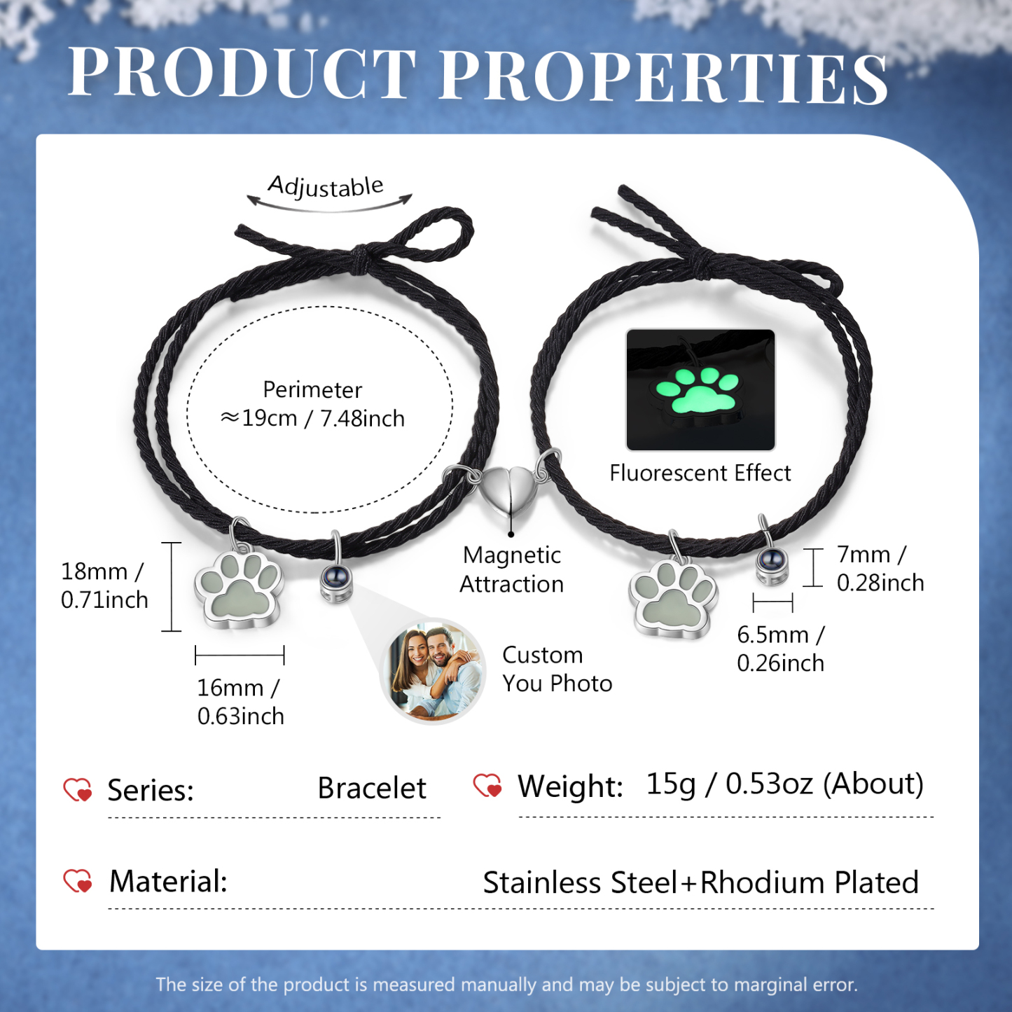 Personalised Photo Projection Bracelet Set Dog Paw Fluorescent Magnetic Bracelet Matching Gifts For Couples/Friends-Jessemade AU