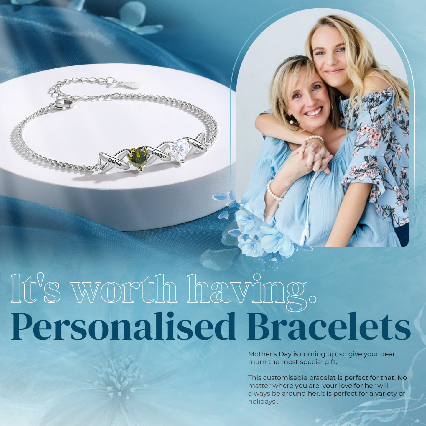 Custom 2 Birthstones Bracelet Engraved 3 Names Bracelet Personalised Birthday Gift for Her-Jessemade AU