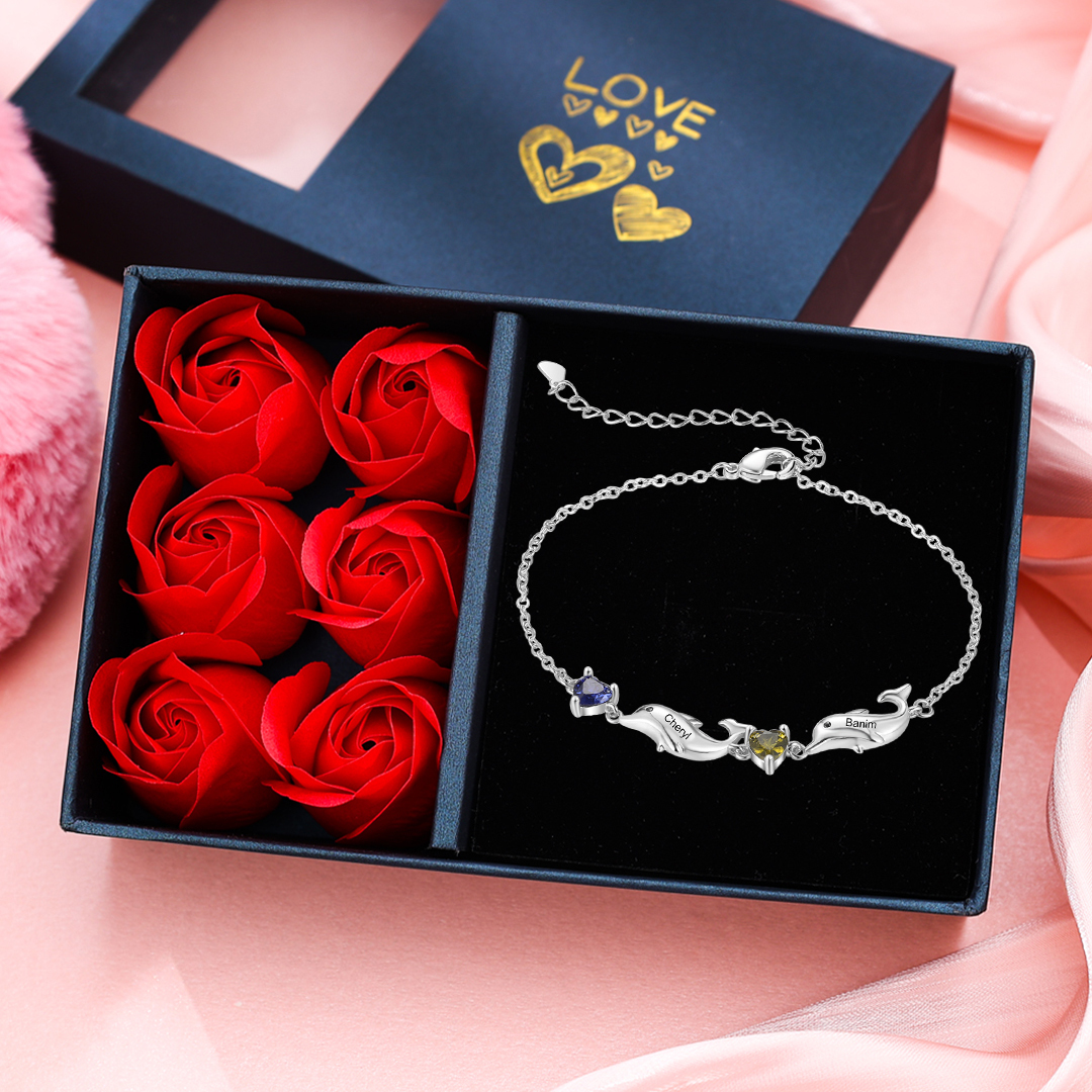 Dolphin Bracelet Personalised 2 Birthstones & 2 Names Women Bracelet-Jessemade AU