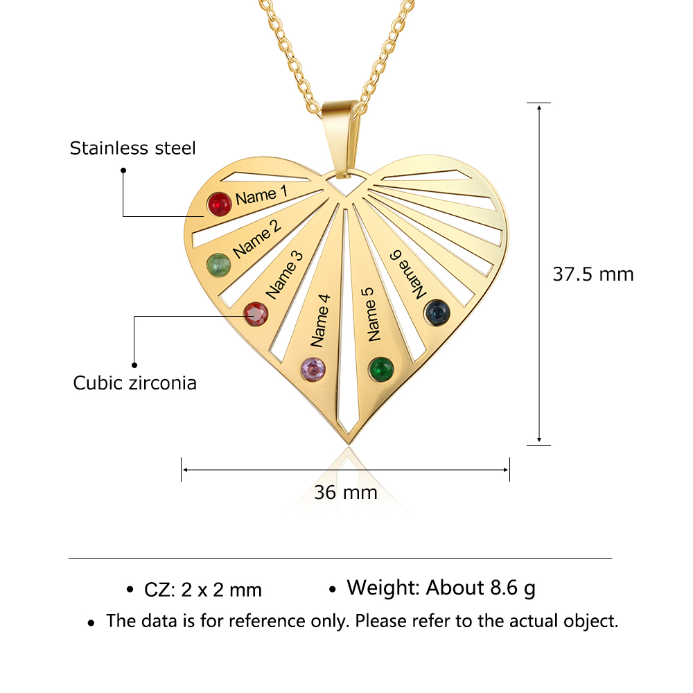 Personalised Heart Necklace With 6 Birthstones Engraved Names Gift For Her-Jessemade AU