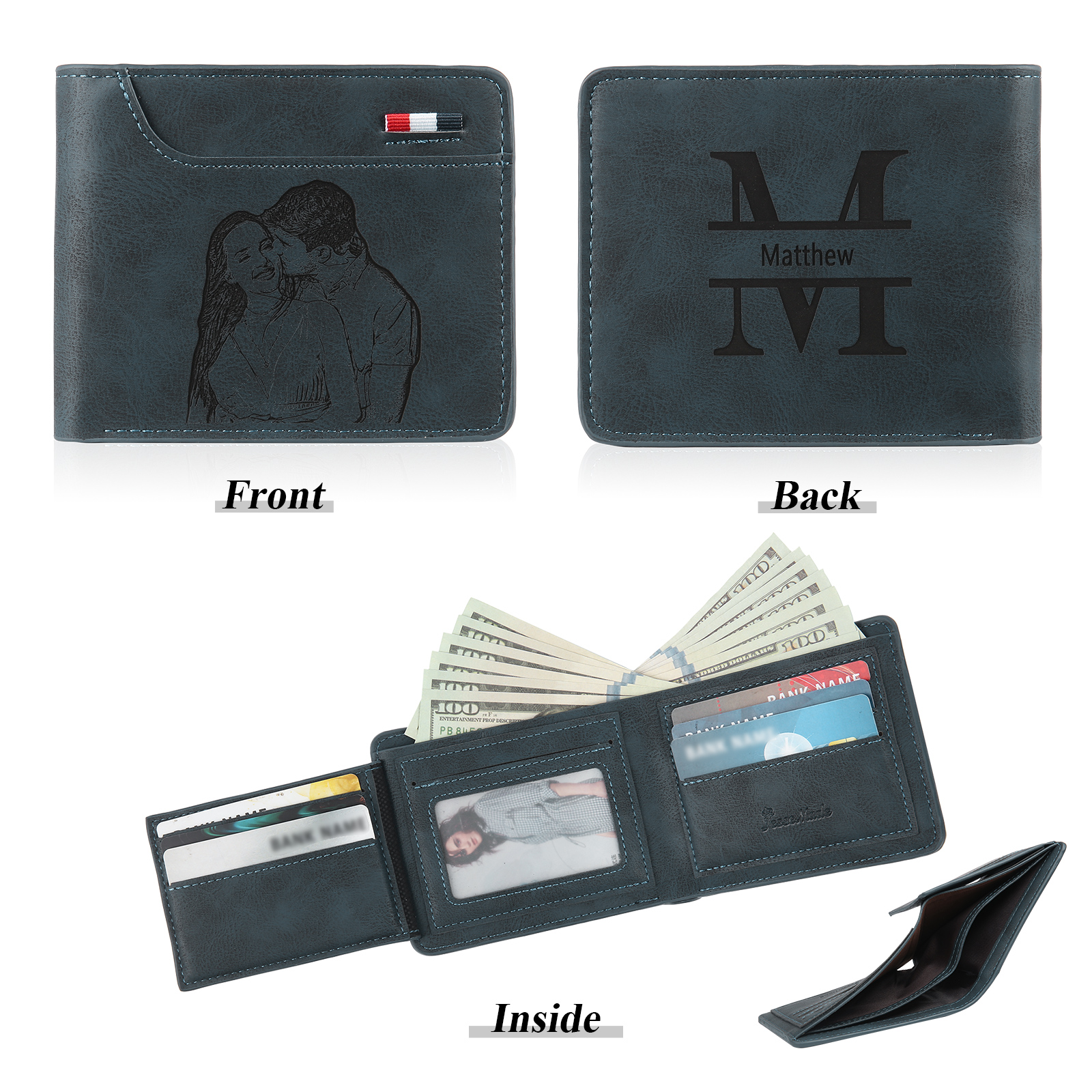 Personalised Monogram Wallet Custom Photo & Name & Letter Men's Leather Wallet Father's Day Gifts for Him