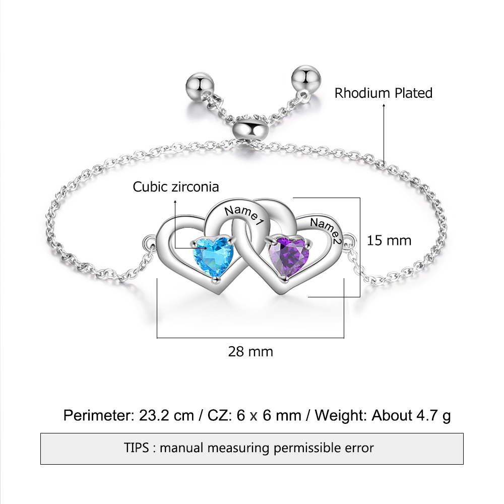 Personalised Heart Bracelet With 2 Birthstones Engraved Names Bracelet Gift For Women-Jessemade AU