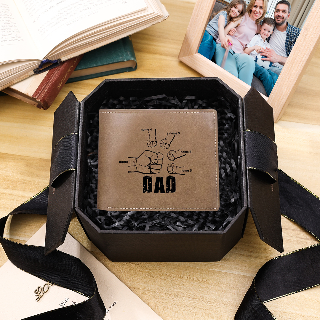 Personalised Leather Mens Wallet Engraved 5 Names Fist Bump Folding Wallet Father's Day Gifts-Jessemade AU