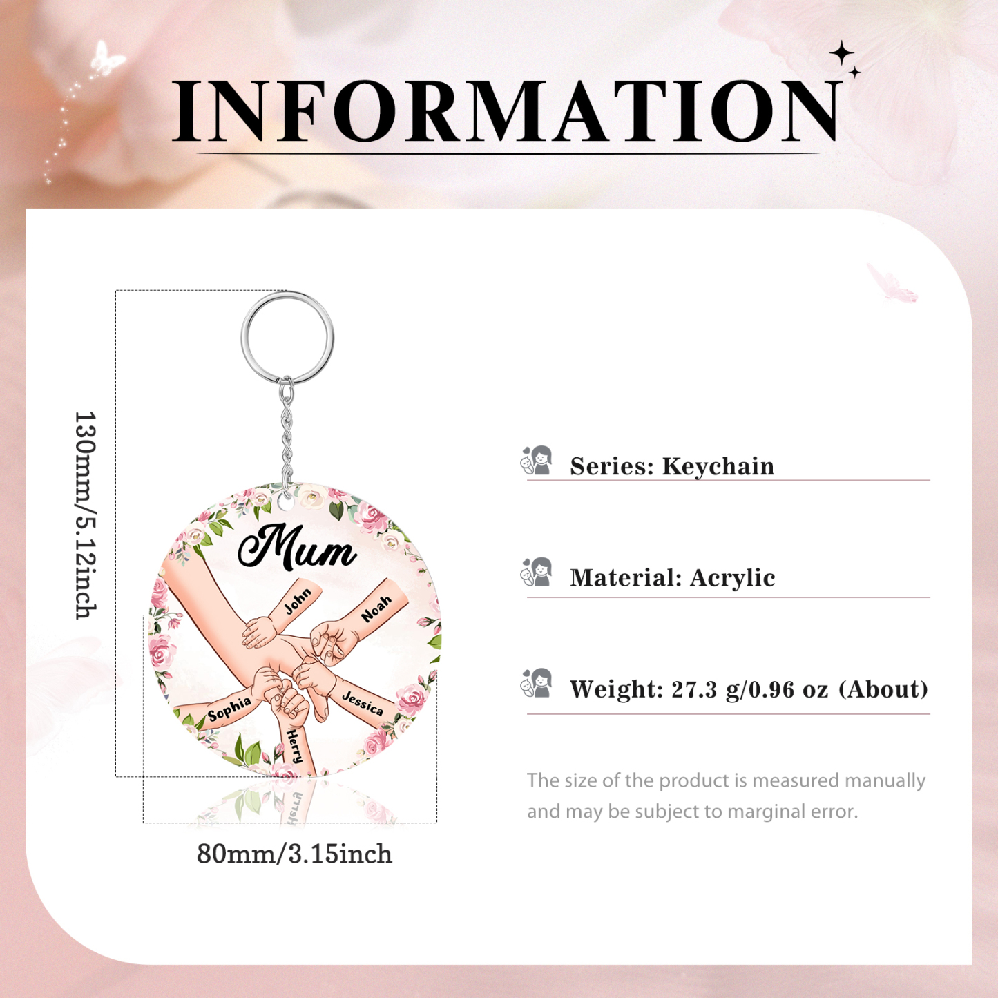 5 Names - Personalised Acrylic Keychain Custom 1 Text Holding Hands Family Hanging Ornaments Gift for Mum/Grandma-Jessemade AU