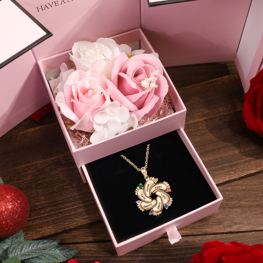 Baby Feet Necklace Custom 6 Birthstones Family Gifts Set for Mum