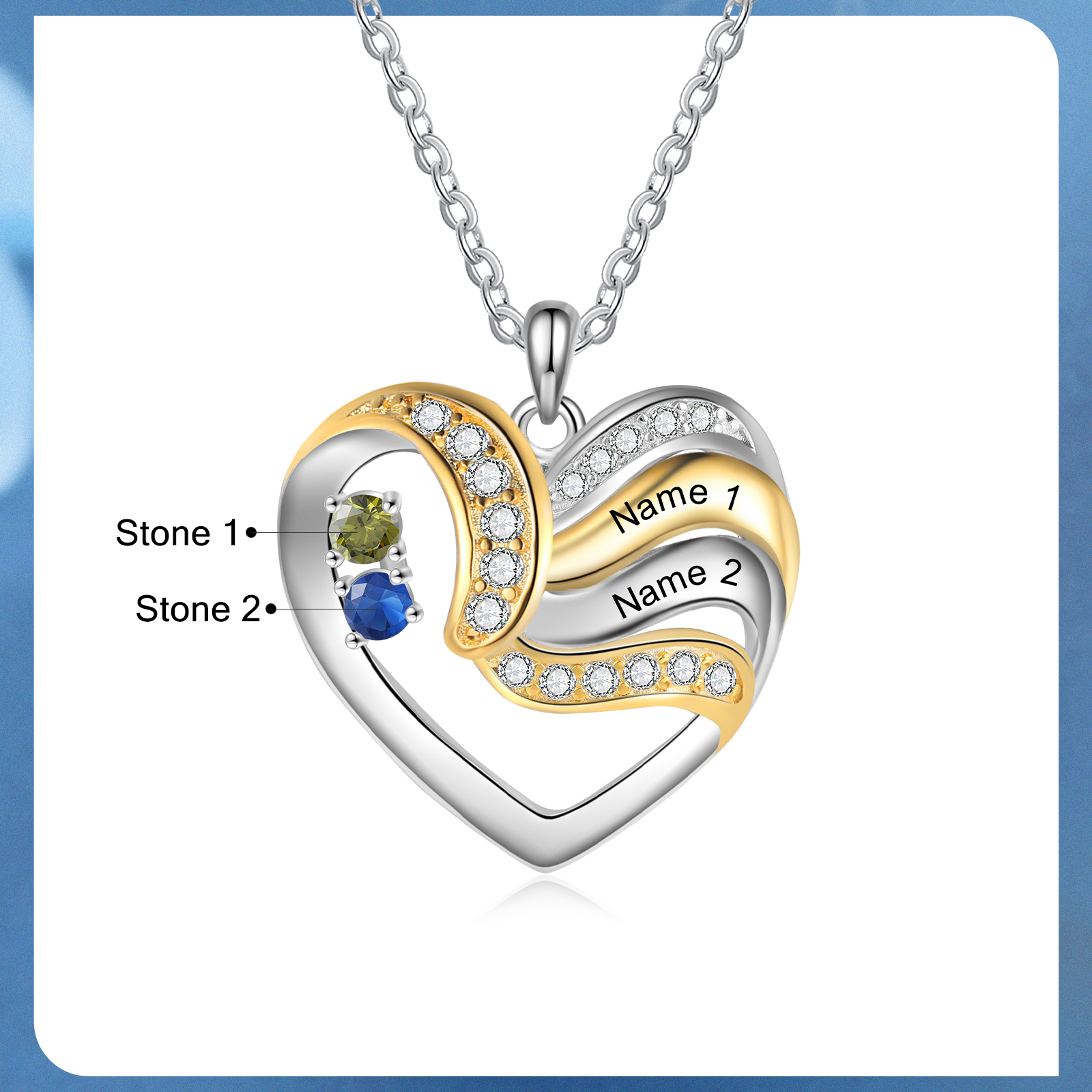 Personalised Heart Necklace with 2 Birthstones Engrave Names Family Necklace for Mom-Jessemade AU