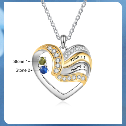 Personalised Heart Necklace with 2 Birthstones Engrave Names Family Necklace for Mom-Jessemade AU