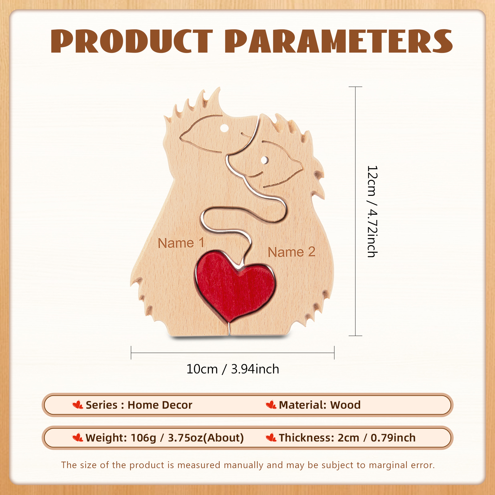 Personalised Wooden Animal Puzzle Custom 2 Names Puzzle Hedgehog Bear Elephant Hug Ornament Gifts for Family Couple-Jessemade AU