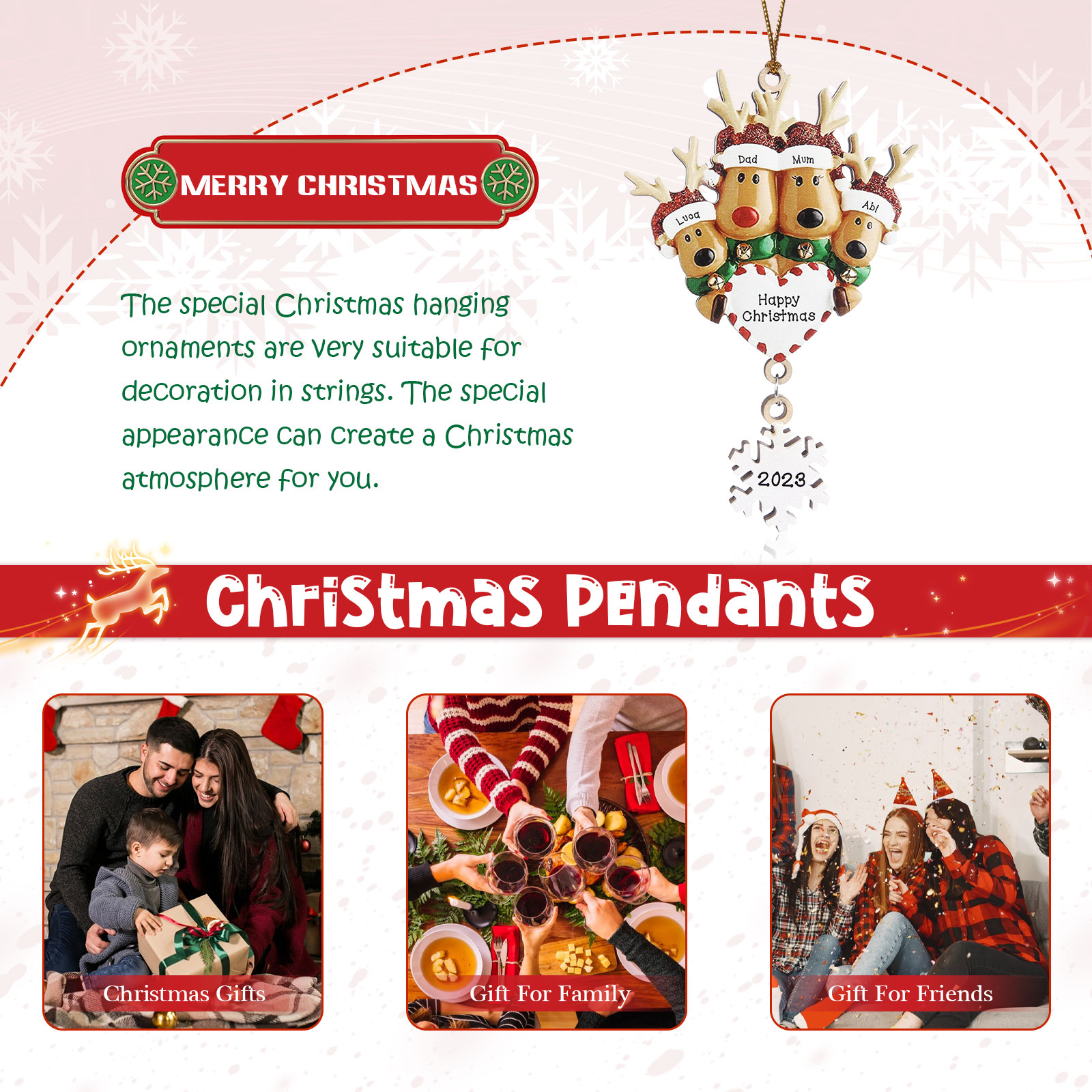 4 Names - Personalised Reindeer Christmas Ornament Customised Name & Text & Year Wooden Hanging Ornaments Christmas Gift for Family-Jessemade AU