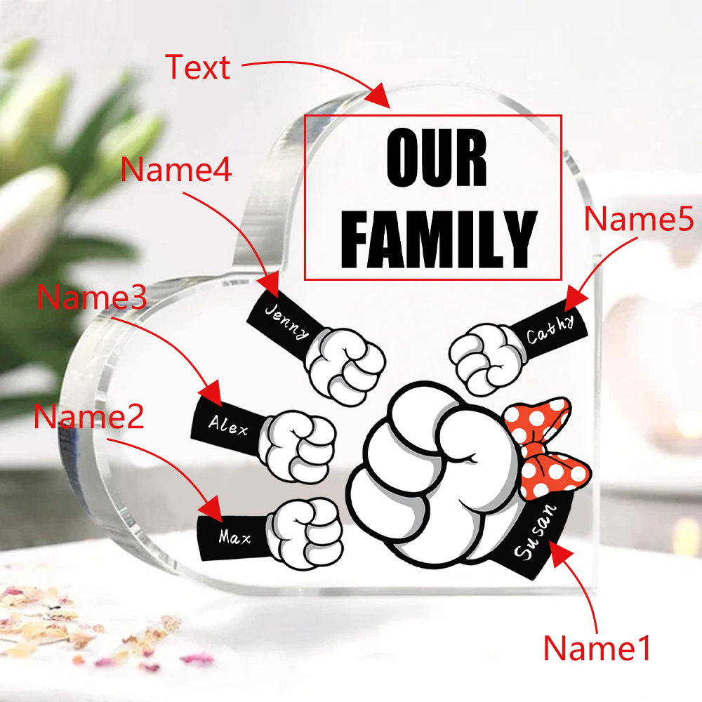 5 Names - Personalised Acrylic Heart Keepsake Custom Name & Text Fist Bump Ornaments Gifts for Family-Jessemade AU