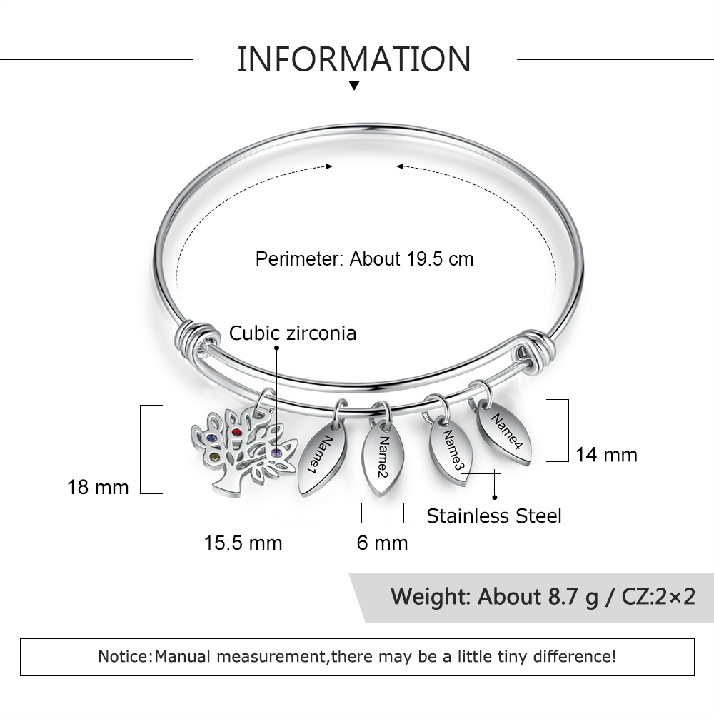 Personalised Family Tree Bracelet with 4 Birthstones Leaf Charms Bangle for Her-Jessemade AU