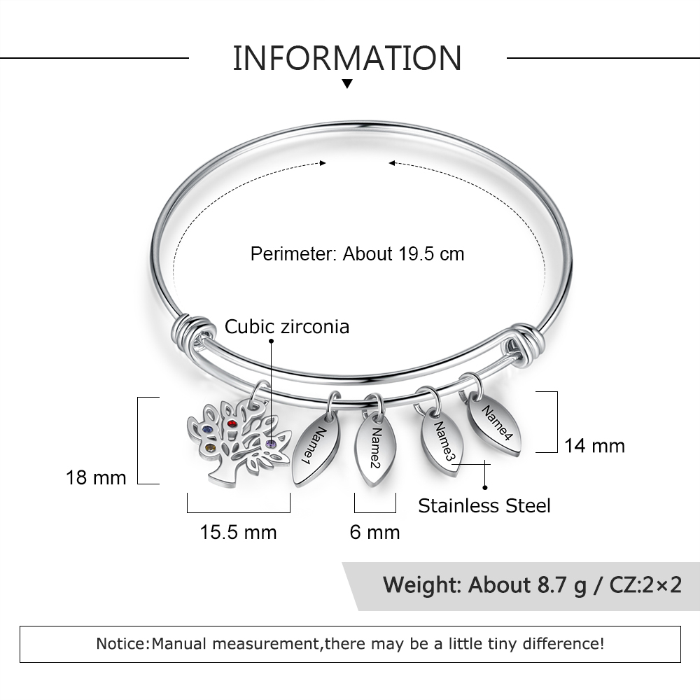 Personalised Family Tree Bracelet with 4 Birthstones Leaf Charms Bangle for Her-Jessemade AU