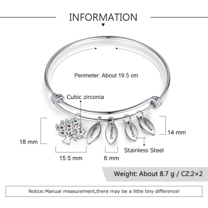 Personalised Family Tree Bracelet with 4 Birthstones Leaf Charms Bangle for Her-Jessemade AU