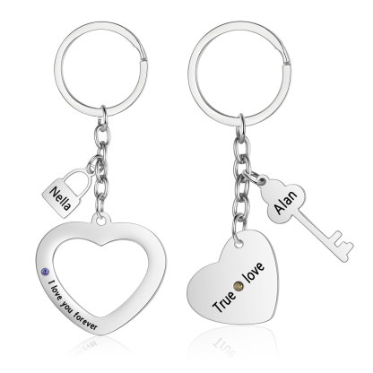 Personalised Couple Keychain Set Customised with 2 Names & 2 Birthstones Keychain Heart Matching Gift-Jessemade AU
