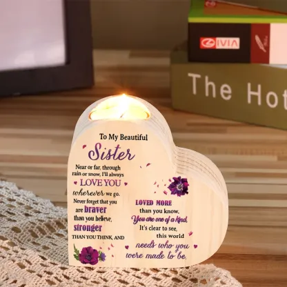 To My Beautiful Sister Violet Flower Heart Candle Holder "I'll always love you wherever we go" Wooden Candlestick-Jessemade AU