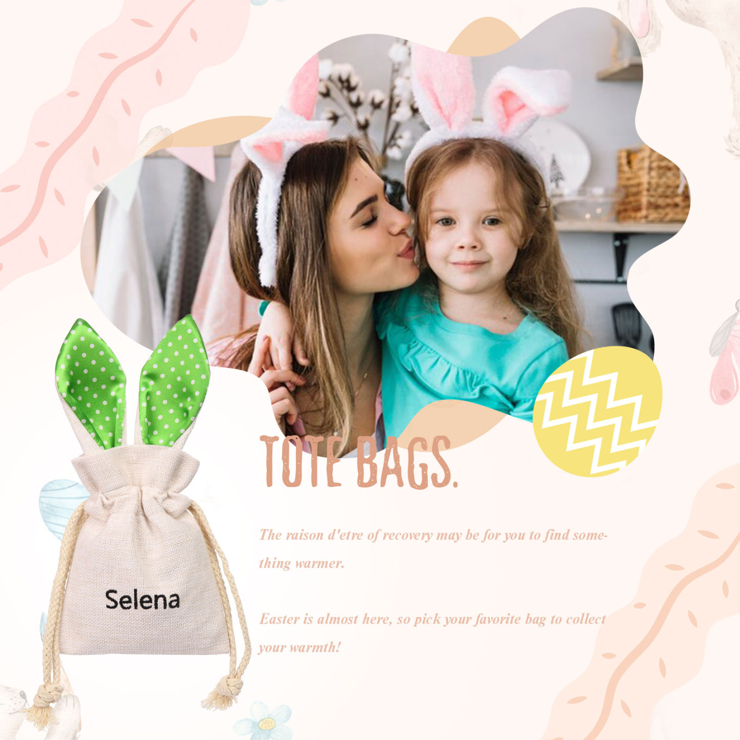 Personalised Bunny Tote Bag Customised with Name Bunny Drawstring Bag Easter Gifts-Jessemade AU