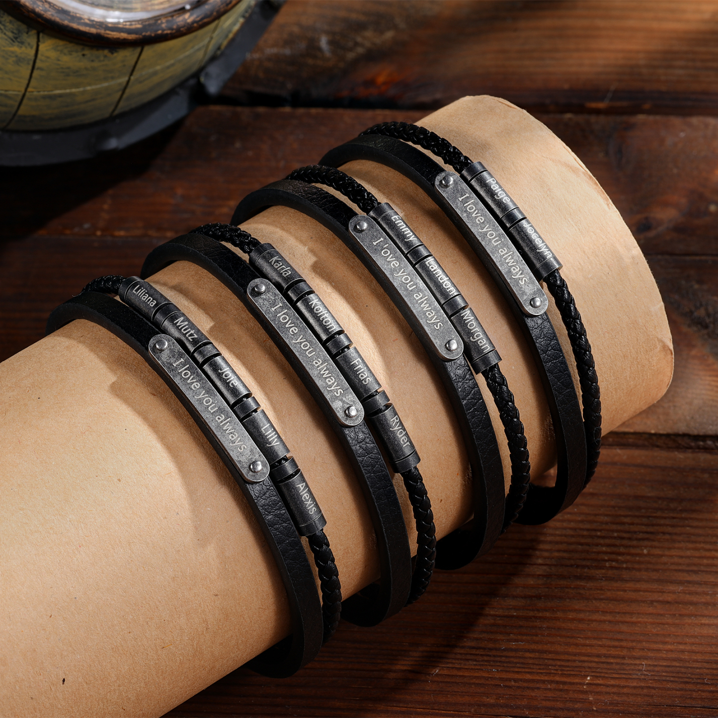 4 Names - Personalised Men's Leather Bracelet Custom Name & Text Bracelet Vintage Gift for Him-Jessemade AU