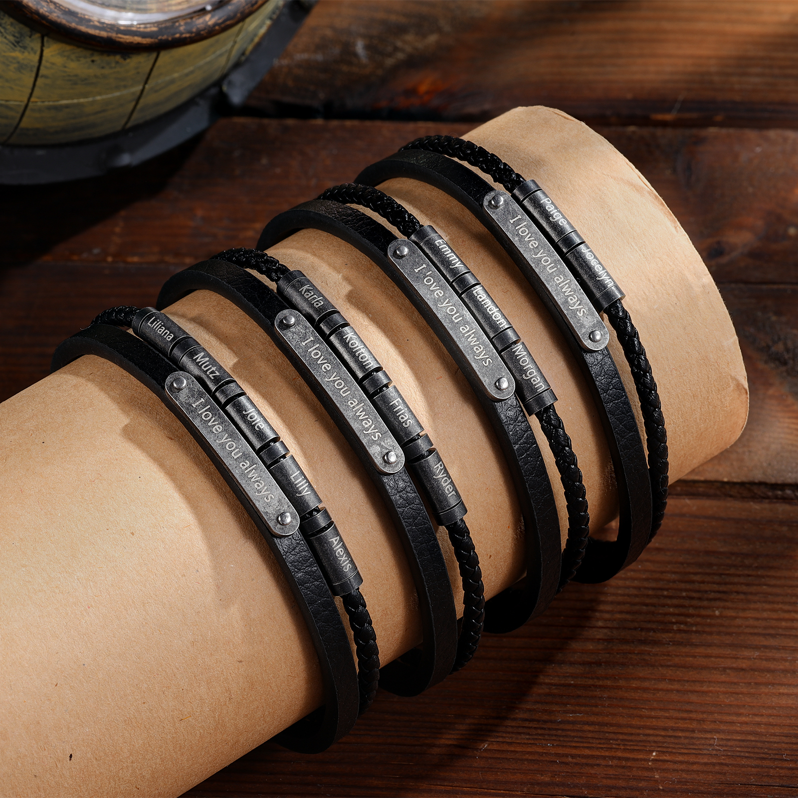 4 Names - Personalised Men's Leather Bracelet Custom Name & Text Bracelet Vintage Gift for Him-Jessemade AU