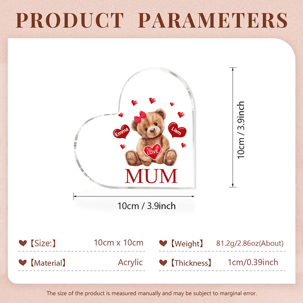 2 Names - Personalised Acrylic Heart Keepsake Custom 2 Texts Teddy Bear Ornaments Gifts for Grandma/Mother-Jessemade AU