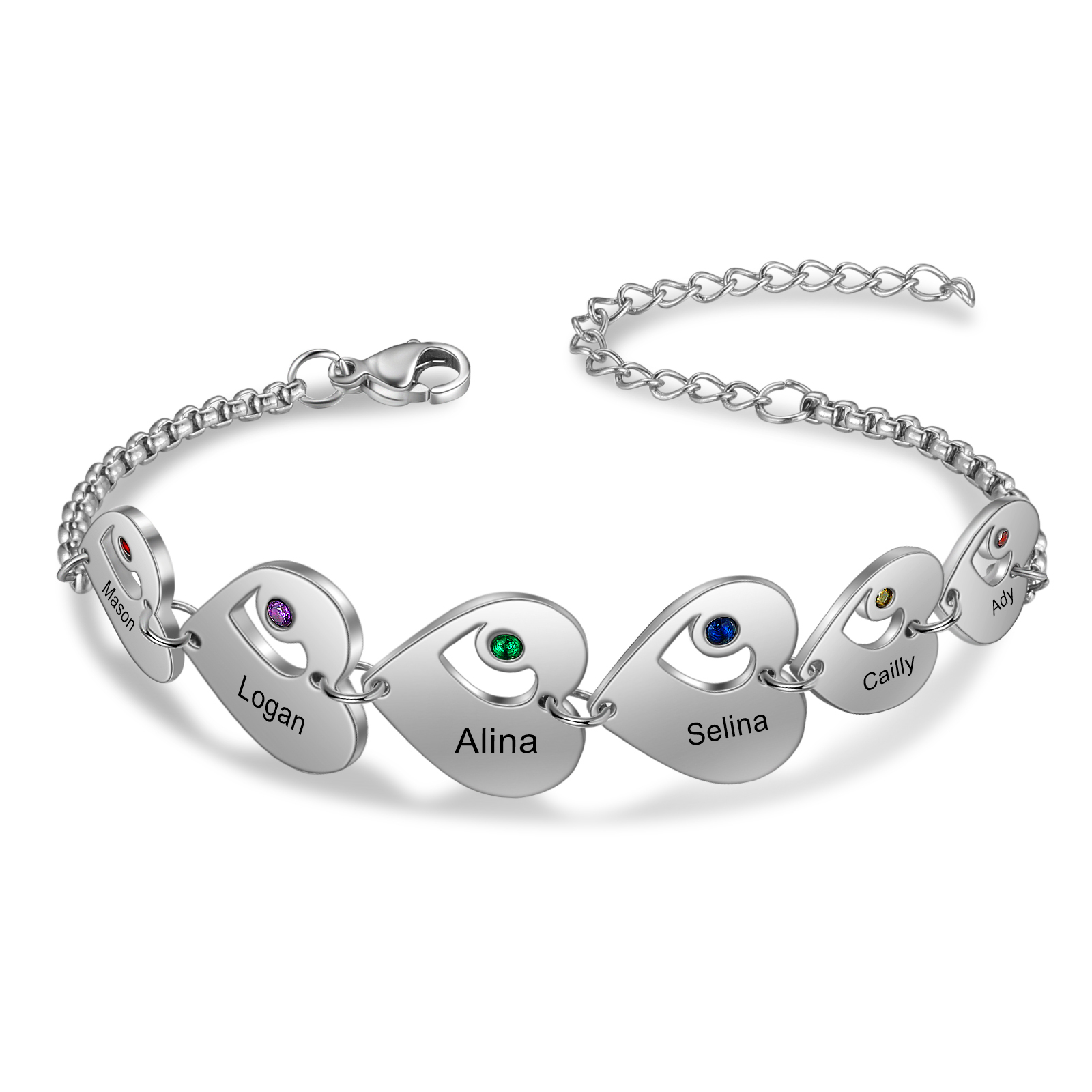 6 Names - Personalised Heart Bracelet Custom Names & Birthstones Family Bracelet Gifts for Her-Jessemade AU