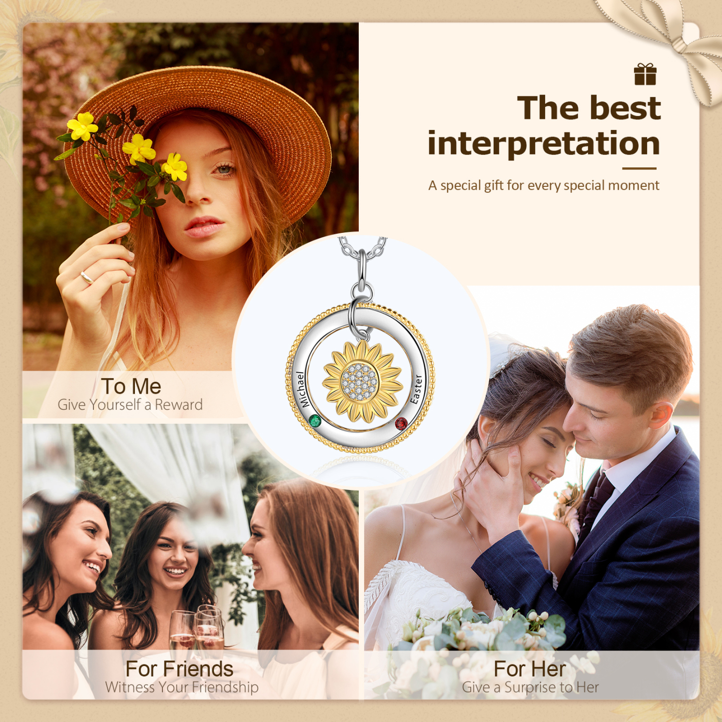 Personalised Sunflower Necklace With 2 Birthstones Engraved Names Necklace Gift For Women-Jessemade AU