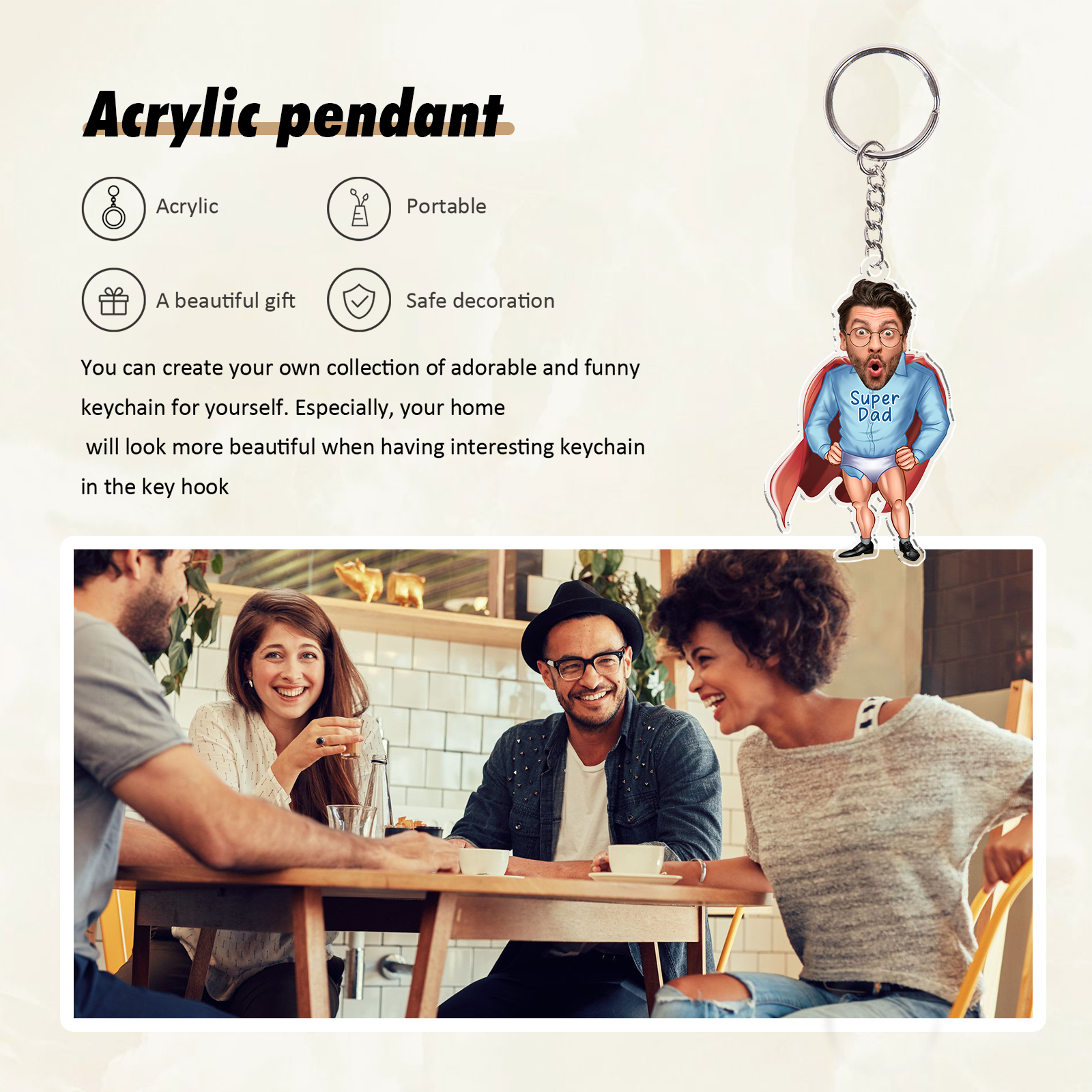 Custom Photo & Text Acrylic Keychain Superman Funny Hanging Ornament Creative Personalised Gift for Him-Jessemade AU