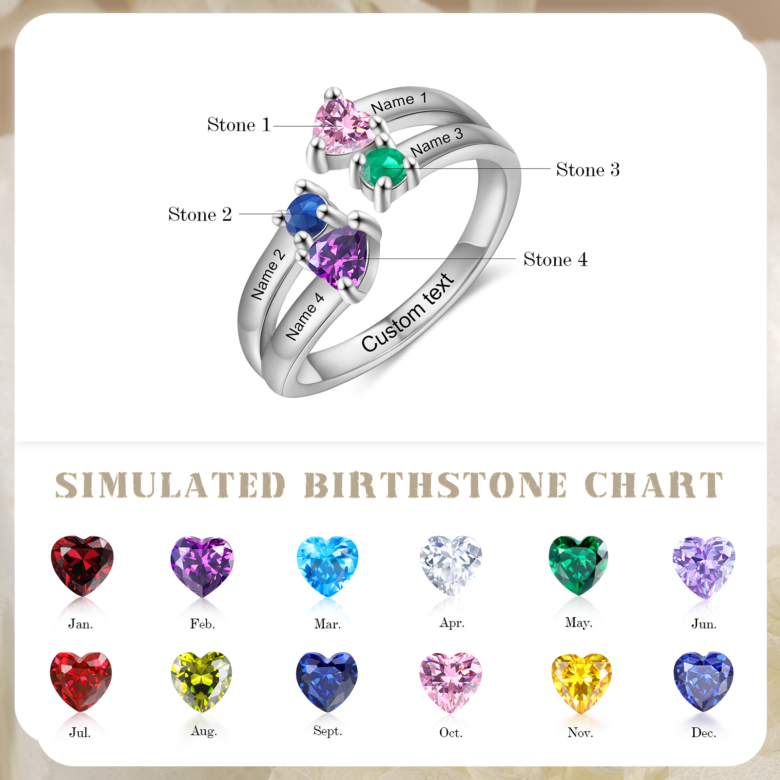 4 Names - Personalised Birthstones Ring Customised Name Open Ring Gift for Her-Jessemade AU