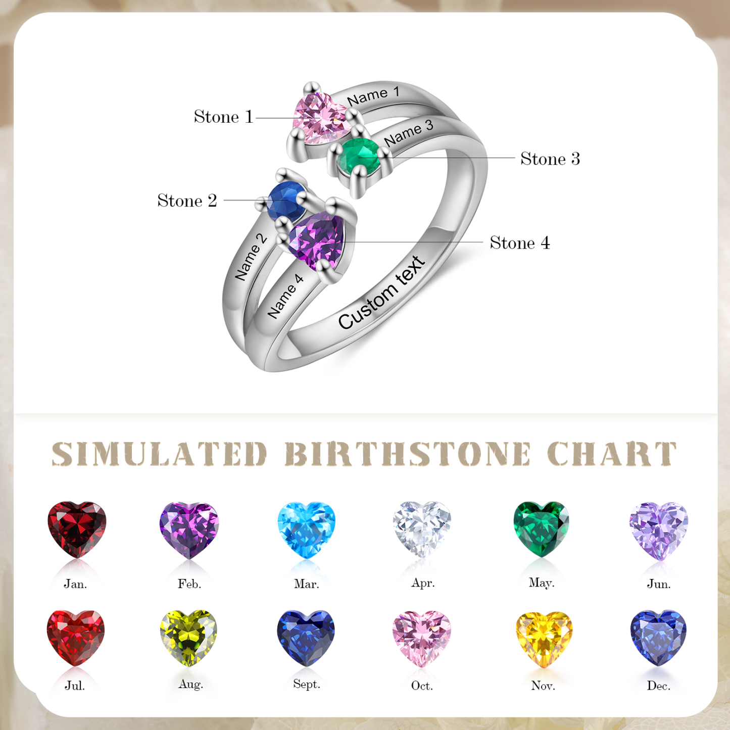 4 Names - Personalised Birthstones Ring Customised Name Open Ring Gift for Her-Jessemade AU