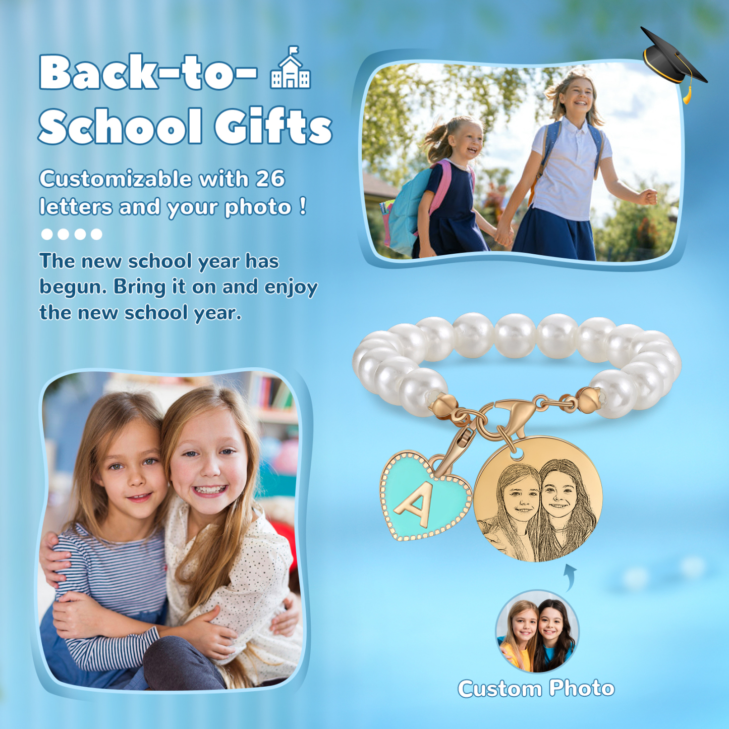 Personalised 26 Letters Pendant Custom 1 Photo Hanging Ornament Beaded Bracelet Back-to-School Gift for Girls-Jessemade AU