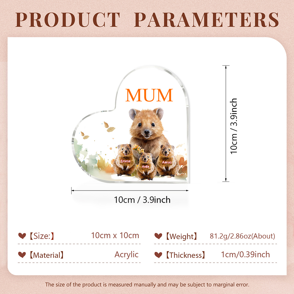 Personalised Acrylic Heart Keepsake Custom 1 Text & 3 Names Ornament Quokka Family Gift for Mother/Grandma-Jessemade AU