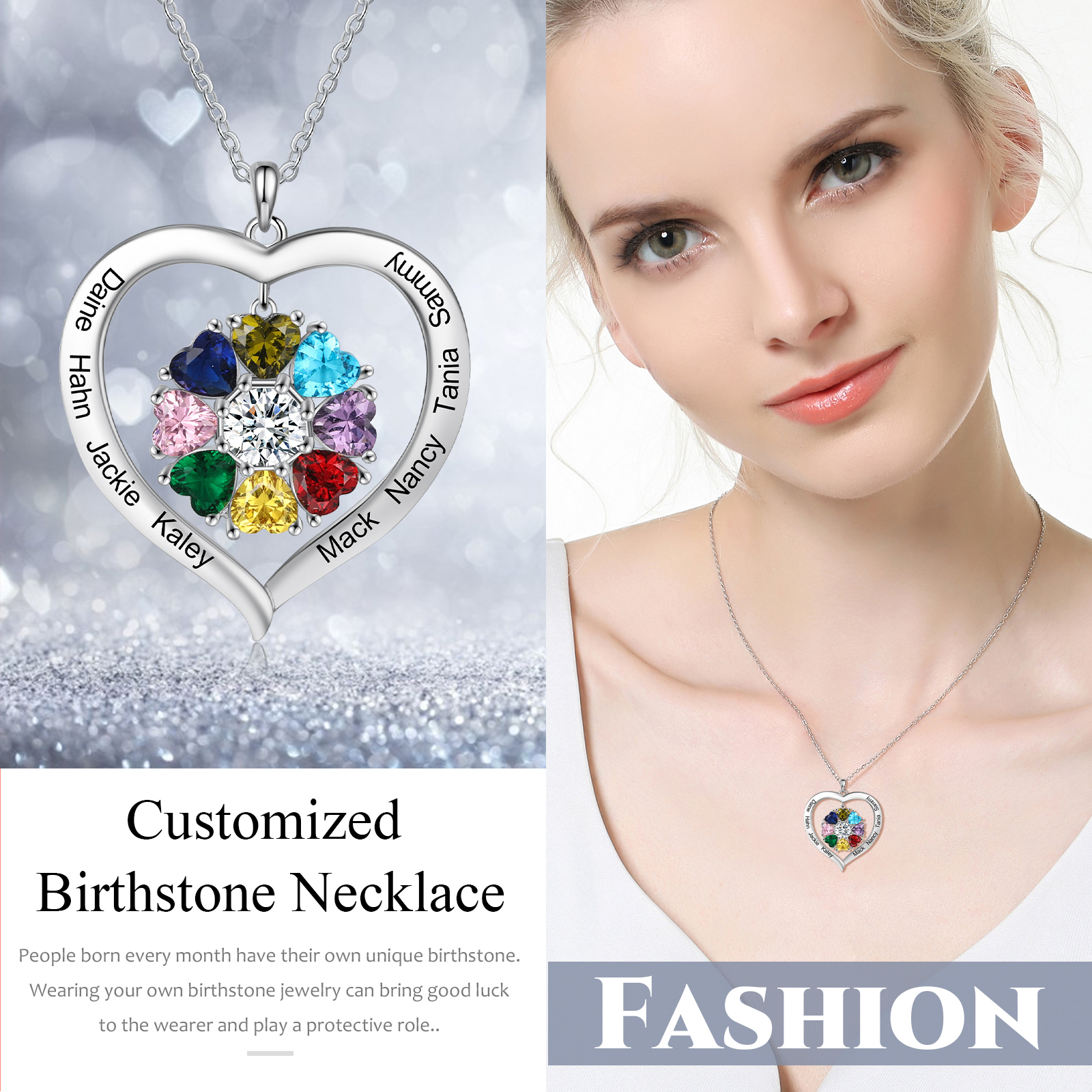 Personalised Heart Pendant Necklace with 8 Birthstones Engraved Names Family Necklace Gifts for Her-Jessemade AU