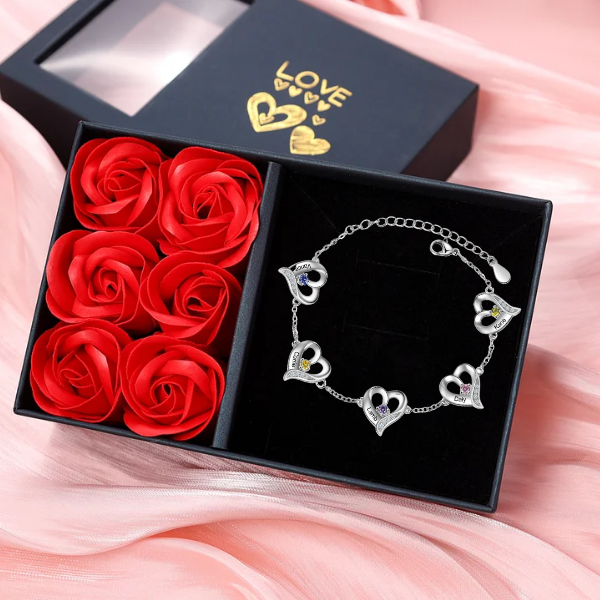 5 Names - Personalised Heart Bracelet Gift Set With Gift Box Custom Name & Birthstone Bracelet Gift For Her-Jessemade AU