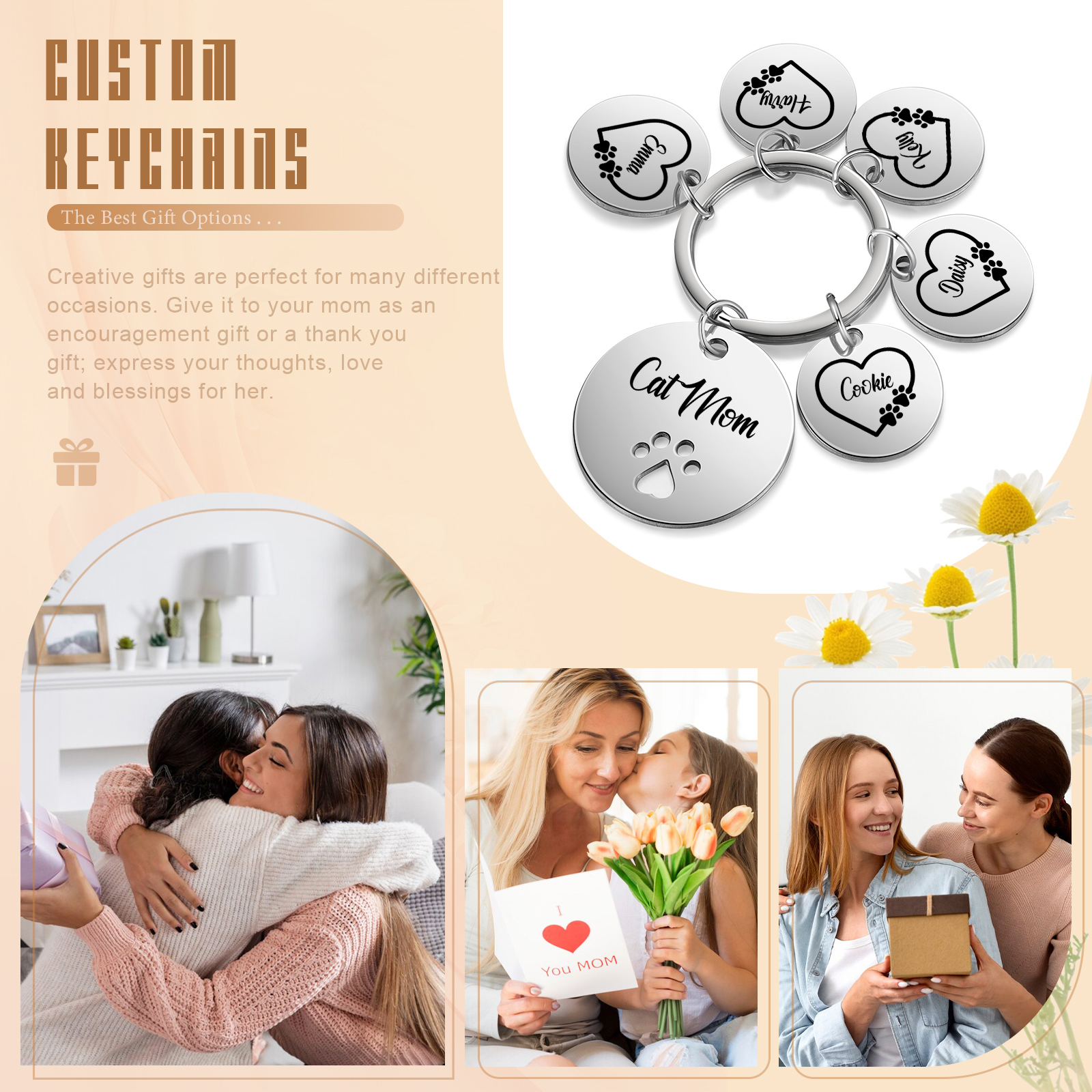 Personalised 5 Names & 1 Text Keychain Cat Paw Circle Charm Keychain Gift for Mother/Grandma-Jessemade AU