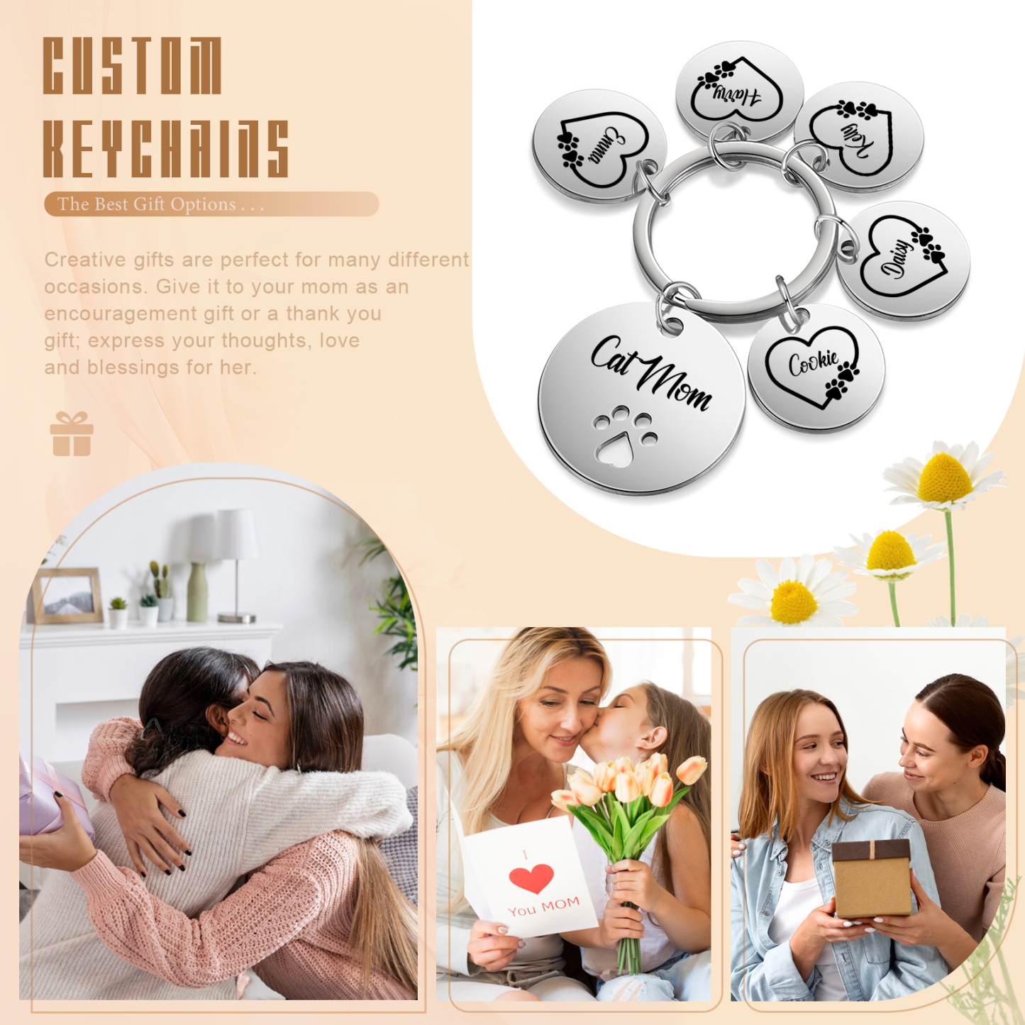 Personalised 5 Names & 1 Text Keychain Cat Paw Circle Charm Keychain Gift for Mother/Grandma-Jessemade AU