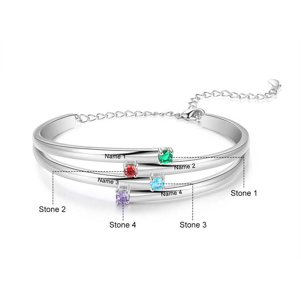 Personalised Bracelet With 4 Birthstones Engraved Names Bracelet Gift For Women-Jessemade AU