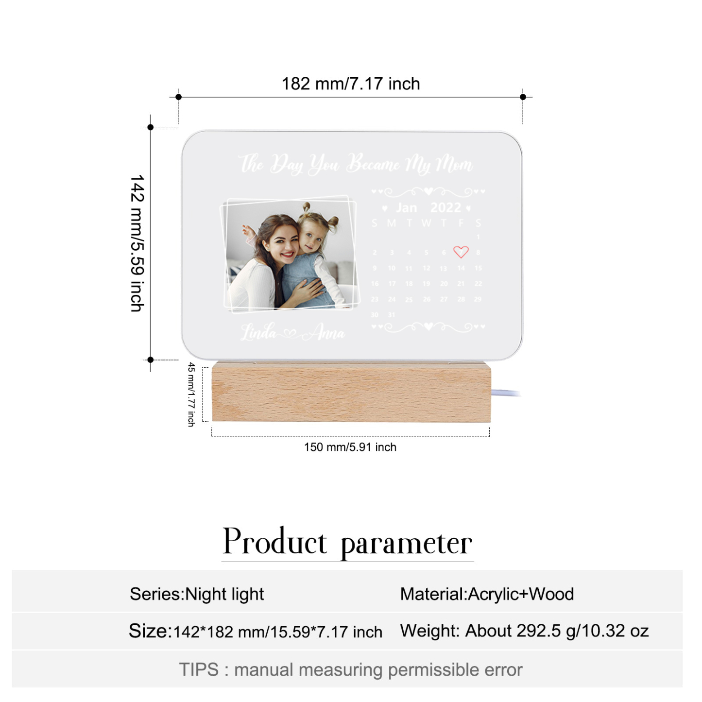 Personalised Calendar Night Light Custom Photo & Text LED Lamp Mother's Day Gift - The Day You Became My Mum/Mom-Jessemade AU