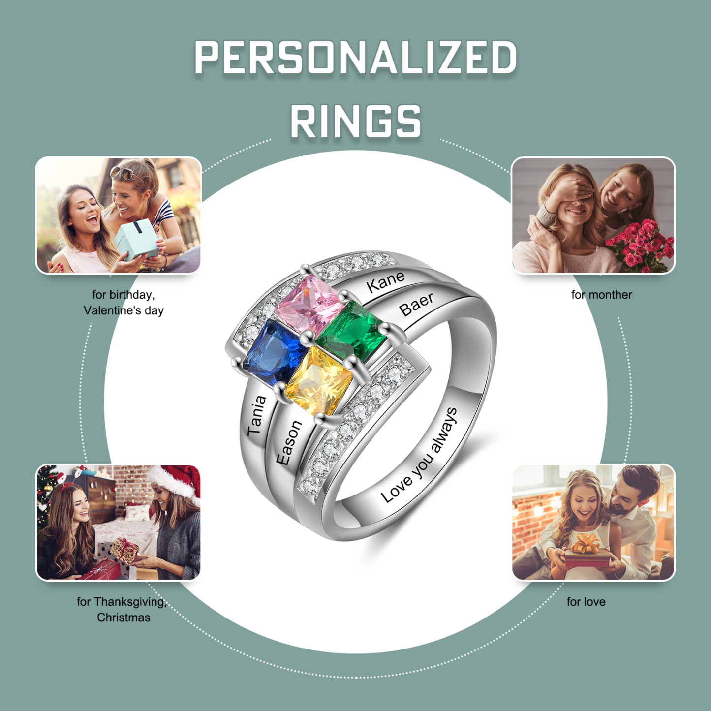 Personalised Mothers Ring With 4 Birthstones Engraved Names Ring Gift For Women-Jessemade AU