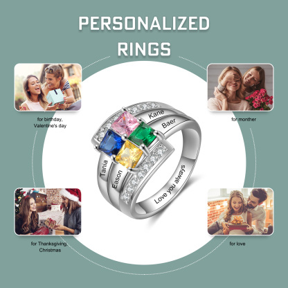 Personalised Mothers Ring With 4 Birthstones Engraved Names Ring Gift For Women-Jessemade AU