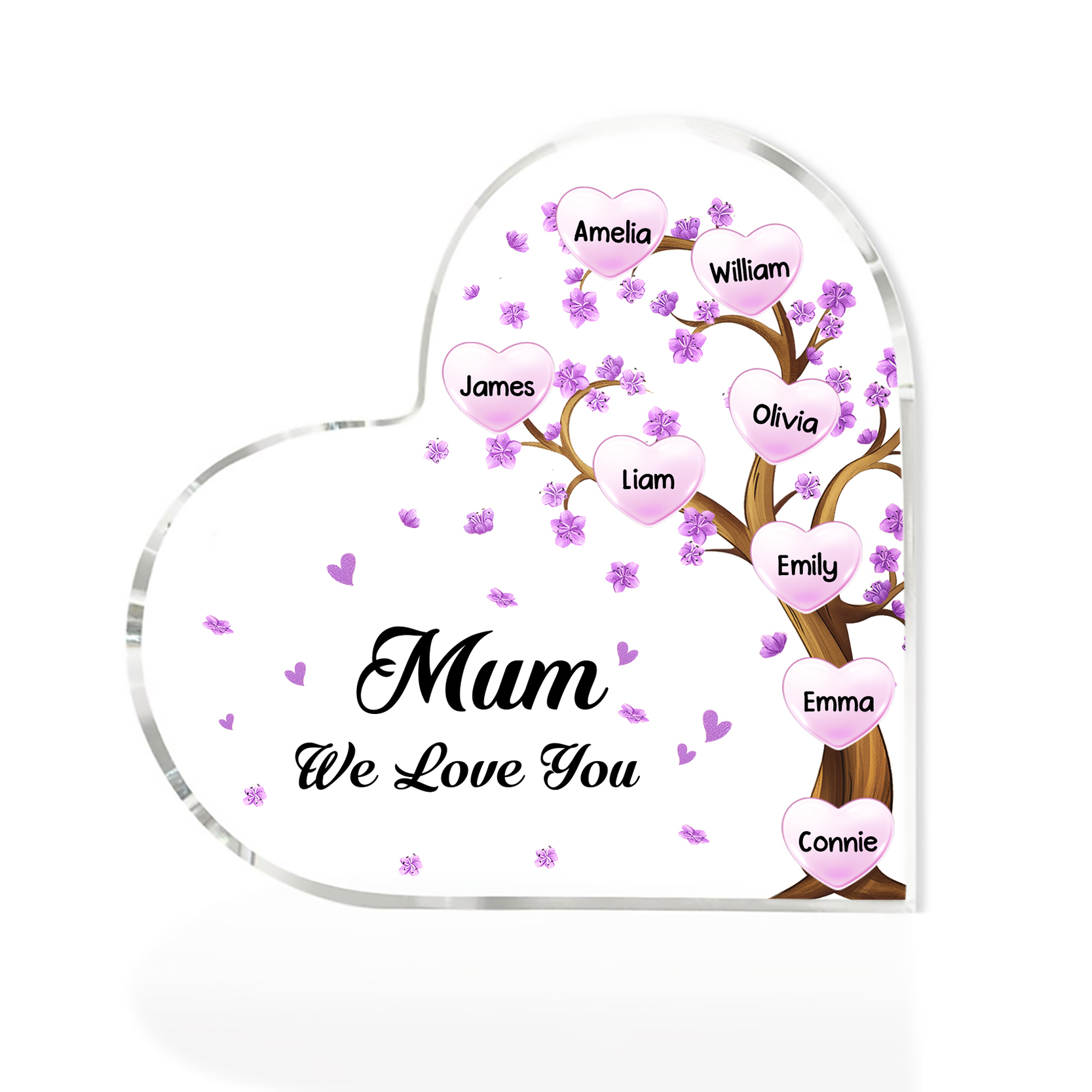 8 Names - Personalised Acrylic Heart Keepsake Custom Text Purple Flowers Tree Ornaments Gifts for Grandma/Mother-Jessemade AU