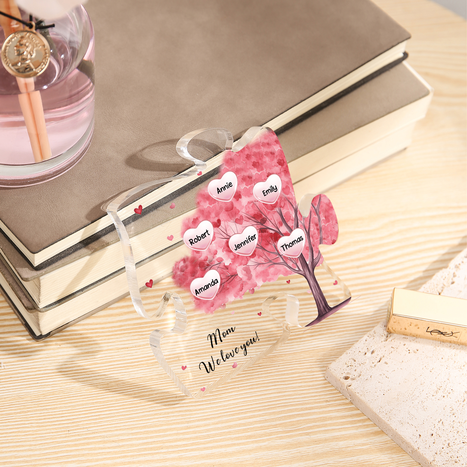 Personalised Acrylic Puzzle Plaque Custom 6 Names & 1 Text Pink Tree Family Ornament Gift for Mum/Nan-Jessemade AU