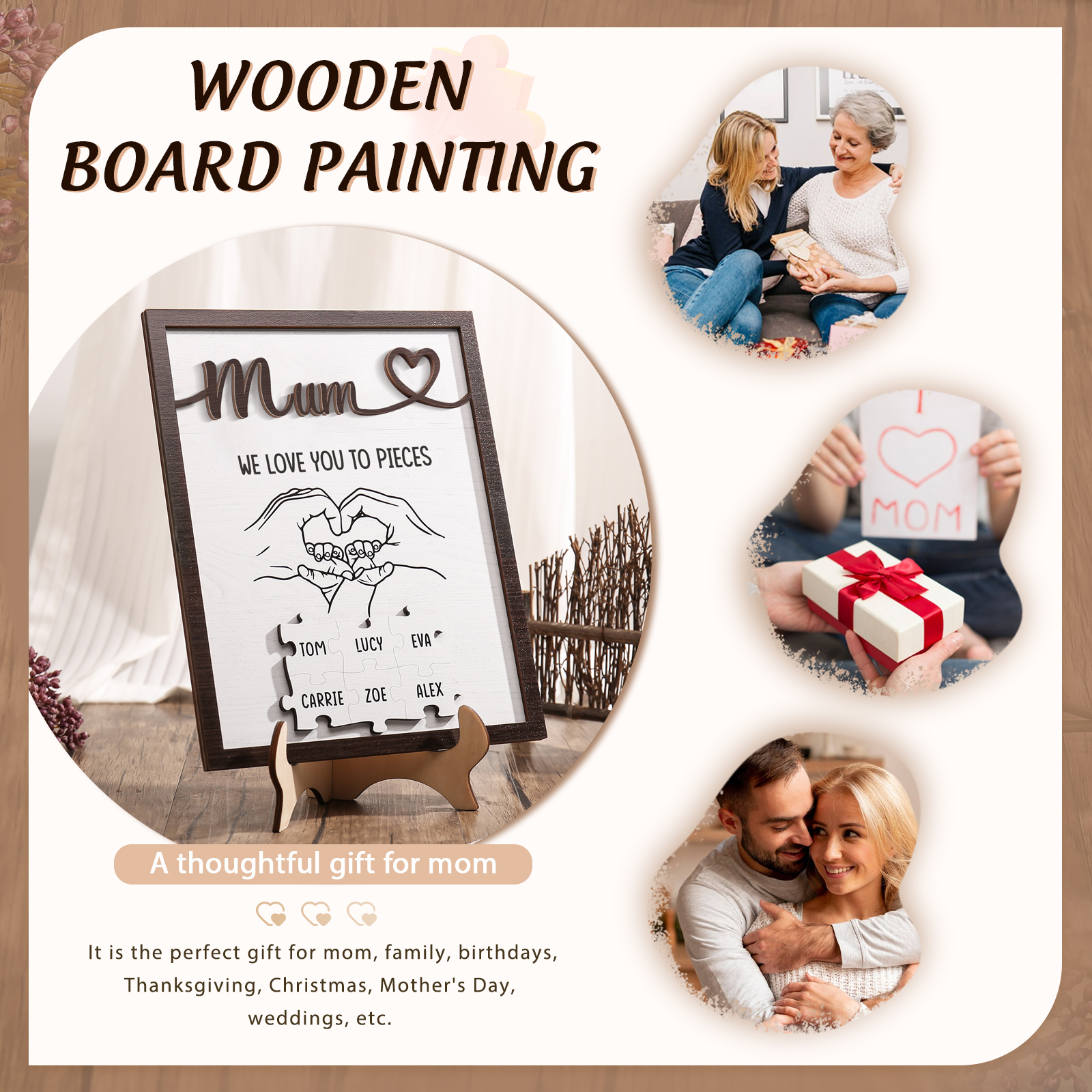 Personalised Puzzle Pieces Wooden Plaque Custom 6 Names & Text & Salutation Holding Hands Family Wooden Sign With Stand Gifts for Mum-Jessemade AU