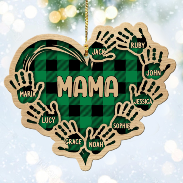 Grandma Mom Heart Hand Print Wood Ornament Custom 9 Names for Family-Jessemade AU