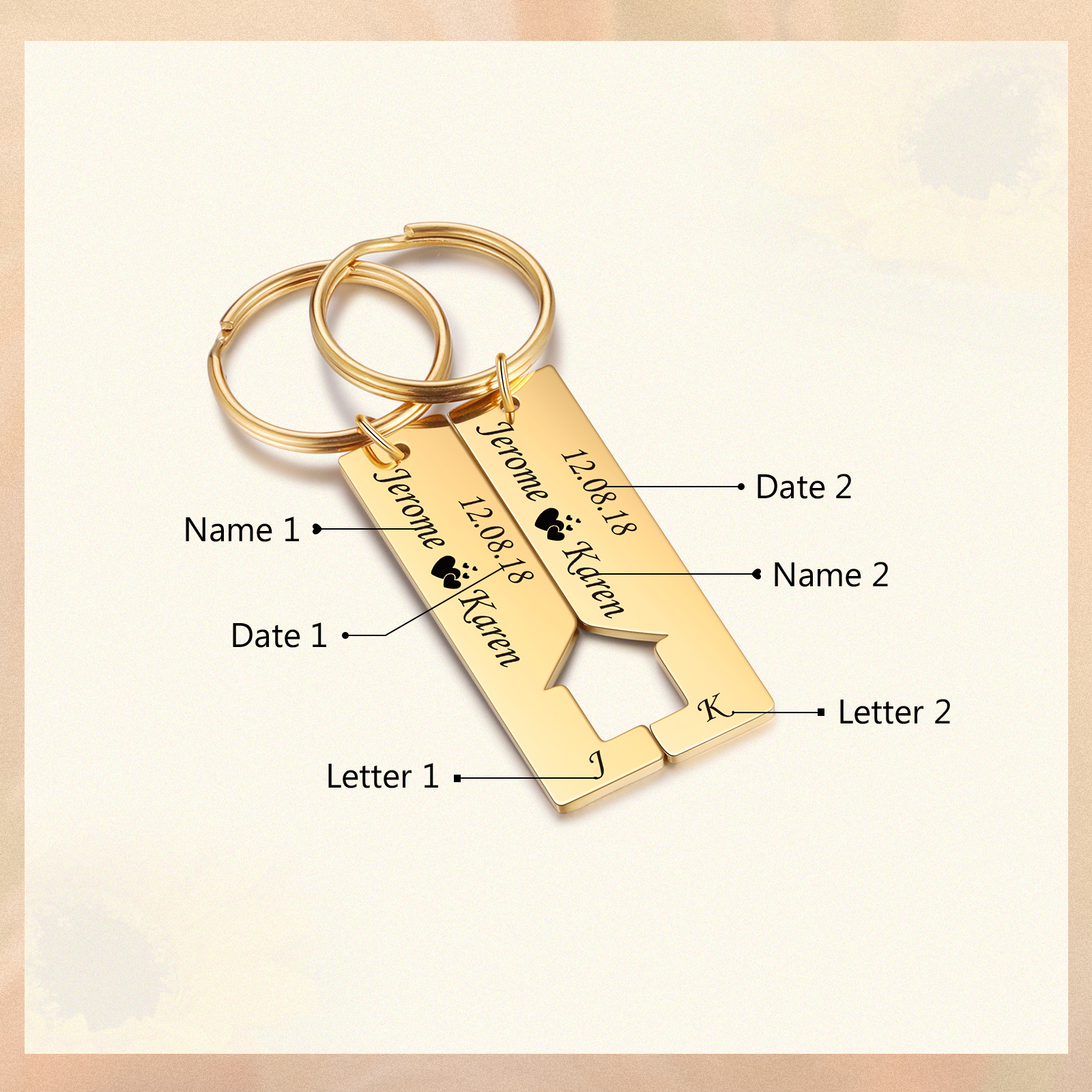 Personalised Couple Keychain Custom 2 Letters & 2 Dates & 2 Names Stainless Steel Keyring Valentine's Day Gift for Husband/Wife -Jessemade AU
