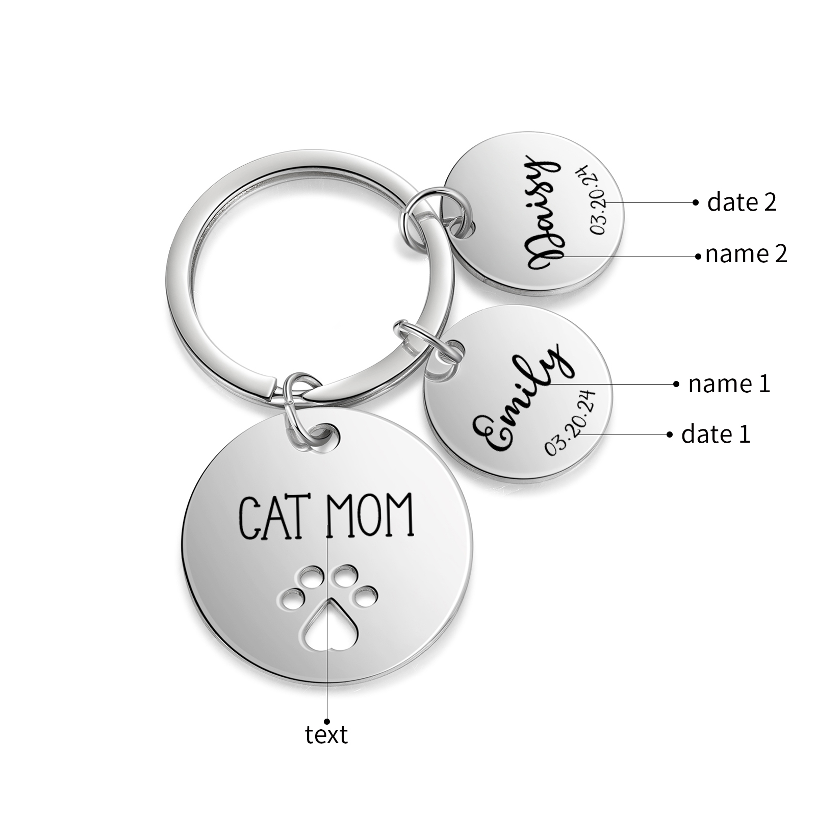 Personalised 2 Names & 2 Dates & 1 Text Keychain Cat Paw Circle Charm Keychain Gifts for Mother/Grandma-Jessemade AU